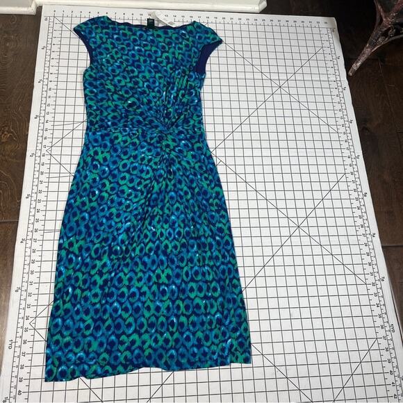 Lauren Ralph Lauren Twist Front Jersey Slinky Sheath Dress Blue Green Circle NWT - Picture 6 of 11